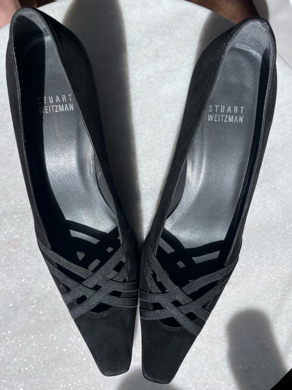 Stuart Weitzman Black Suede Pointed Toe Crisscross Pumps